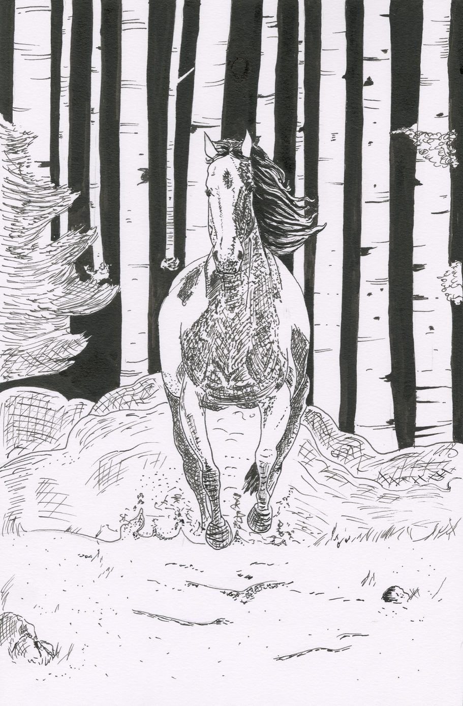 A galloping horse in a wooded area with tall, abstract trees in the background.