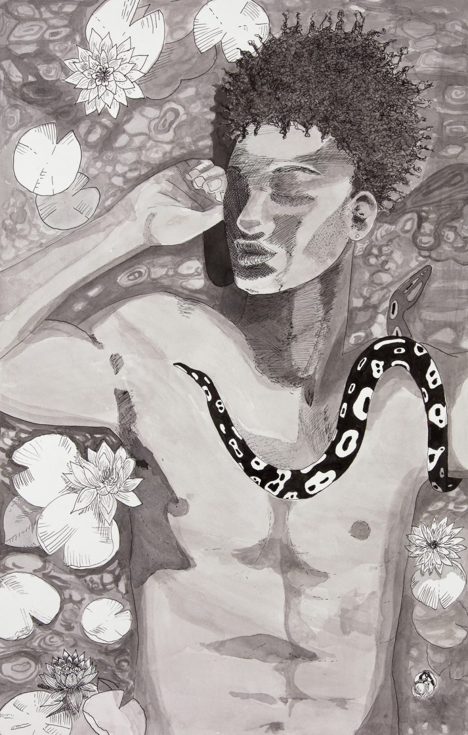 A young man lies amid flowers, with a snake coiled around his arm.