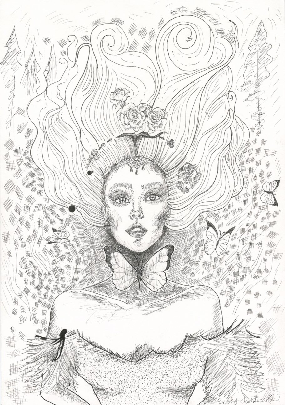 A detailed illustration of a woman with flowing hair, surrounded by nature and delicate patterns.